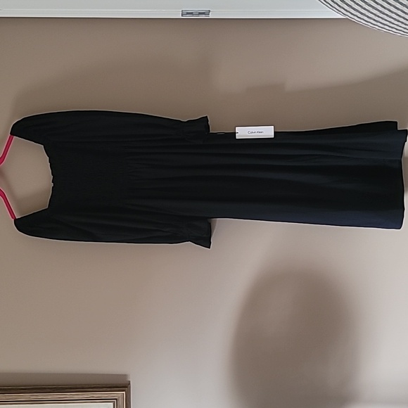 Calvin Klein Navy Shirred Square neck Midi Dress - Picture 2 of 4